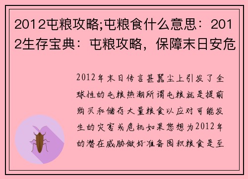 2012屯粮攻略;屯粮食什么意思：2012生存宝典：屯粮攻略，保障末日安危