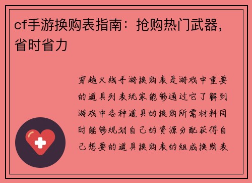 cf手游换购表指南：抢购热门武器，省时省力