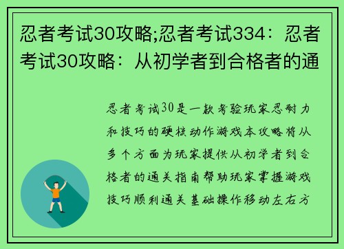 忍者考试30攻略;忍者考试334：忍者考试30攻略：从初学者到合格者的通关指南