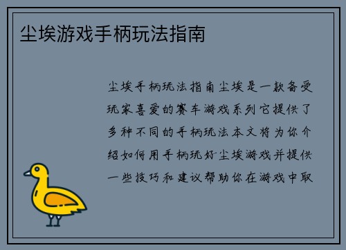 尘埃游戏手柄玩法指南